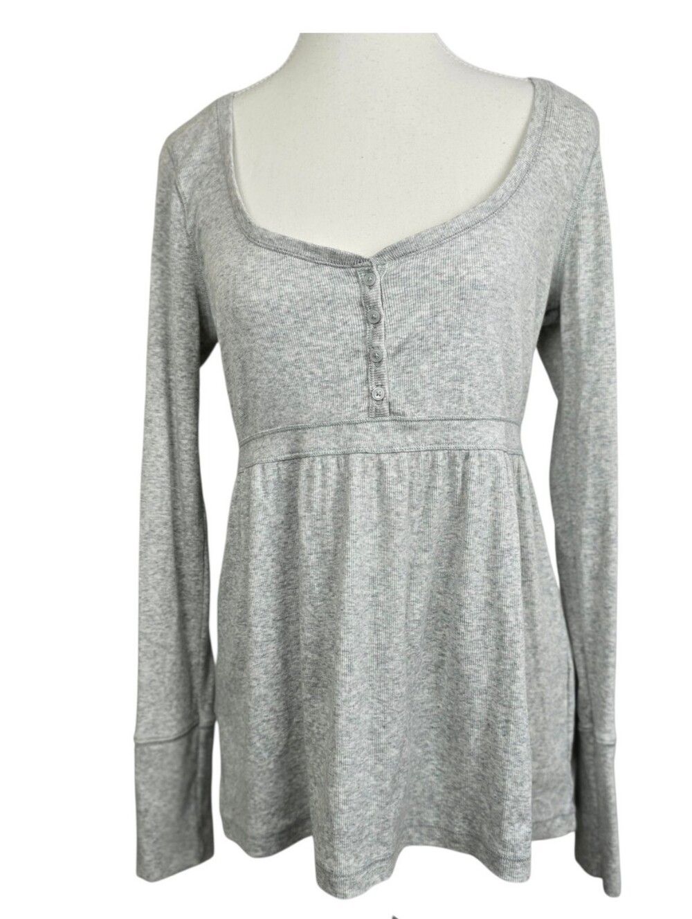Hollister Gray Ribbed Henley Babydoll Empire Waist Long Sleeve Top Large Casual